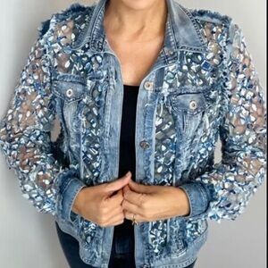Ethyl Clothing Denim & Lace Jacket with Floral Embroidery- size small